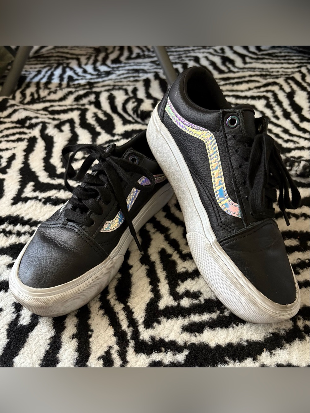 Black Leather Old Skool Vans with Iridescent Side Stripe. Y2K. Punk. Glam. Emo.